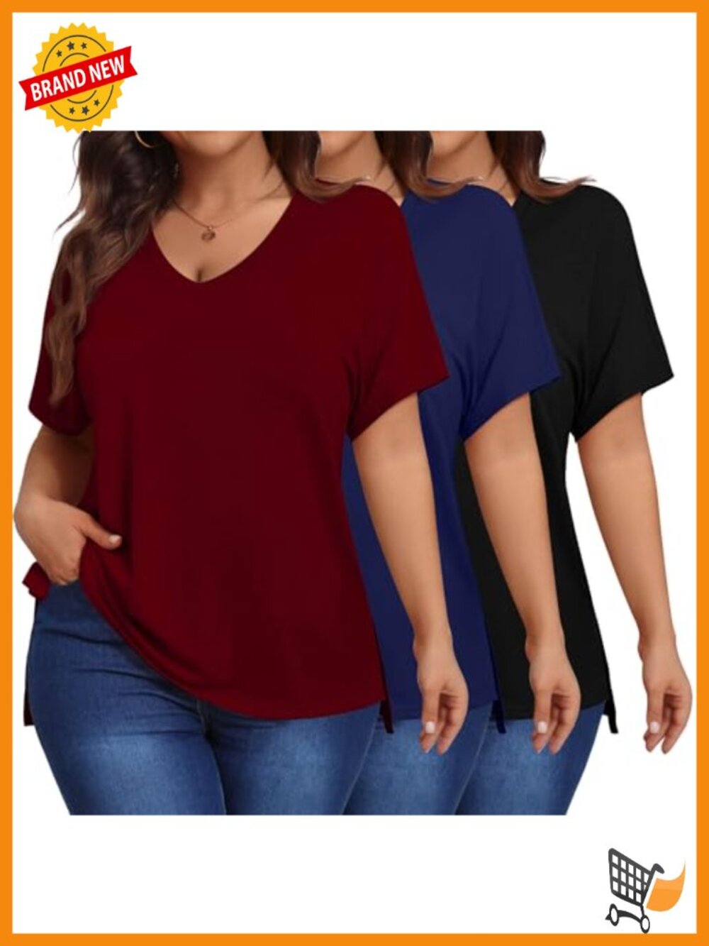 3-Pack Plus Size V-Neck Short Sleeve Tunic Tees, High Low Hem, Loose Fit, Split